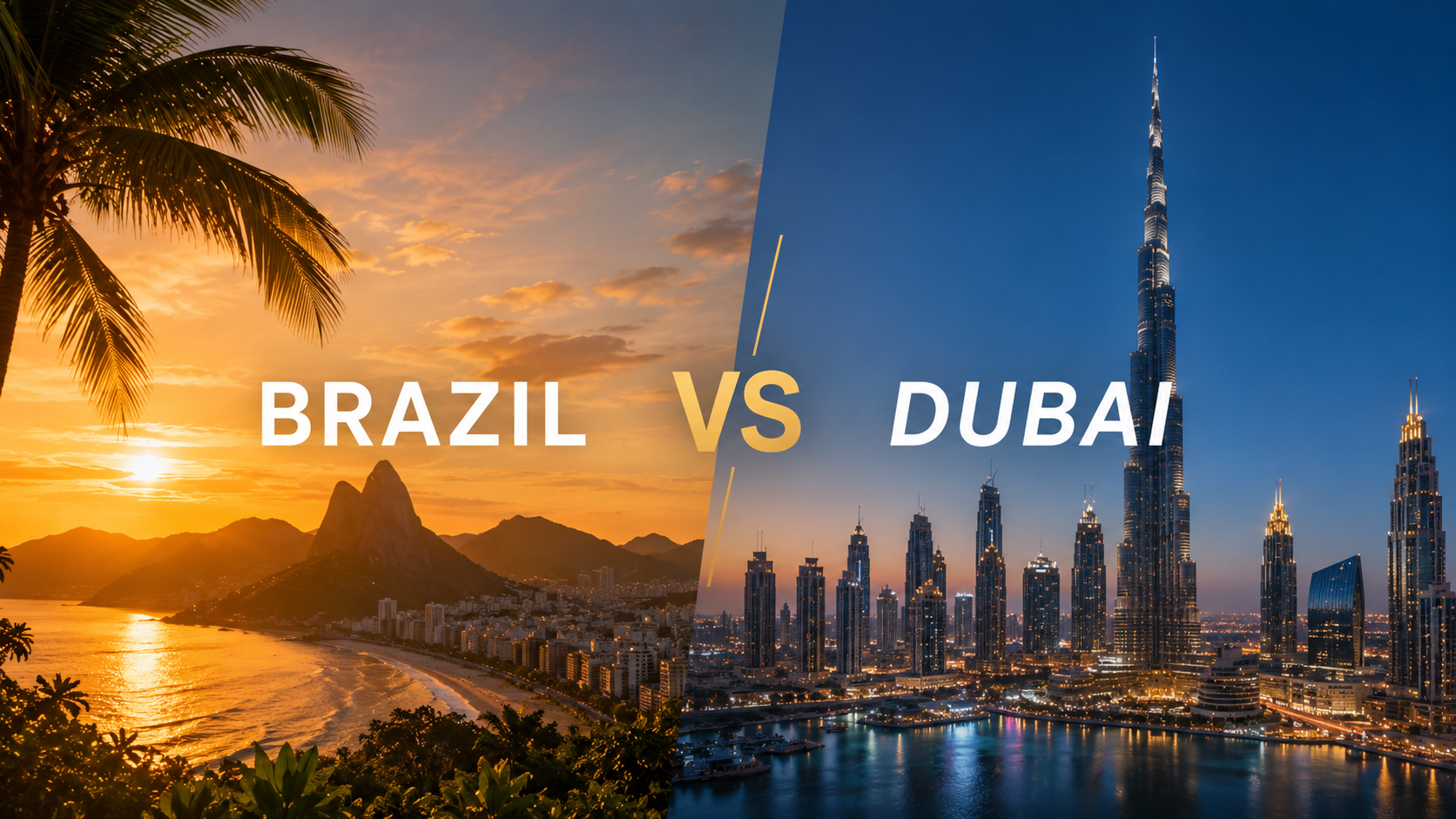 A wide comparison graphic split down the middle, contrasting Brazil and Dubai. The left side shows a golden sunset over Rio de Janeiro’s coastline, with palm trees, mountains, and a warm tropical atmosphere. The right side features Dubai’s modern skyline at dusk, dominated by the Burj Khalifa and illuminated skyscrapers reflected in the waterfront. Large, clean typography reads “BRAZIL” on the left and “DUBAI” on the right, with “VS” centered between them. The design uses warm orange and gold tones for Brazil and cool blue tones for Dubai, creating a professional visual comparison of two distinct expat destinations.