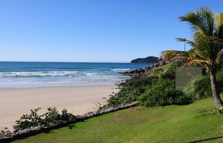 Scenic beach and lush coastal greenery in Florianópolis, Brazil, highlighting the natural lifestyle that attracts families and expats.