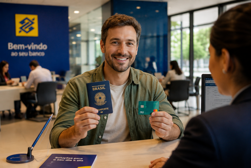 Foreigner opening a bank account in Brazil, showing passport and bank card during the account application process at a Brazilian bank.
