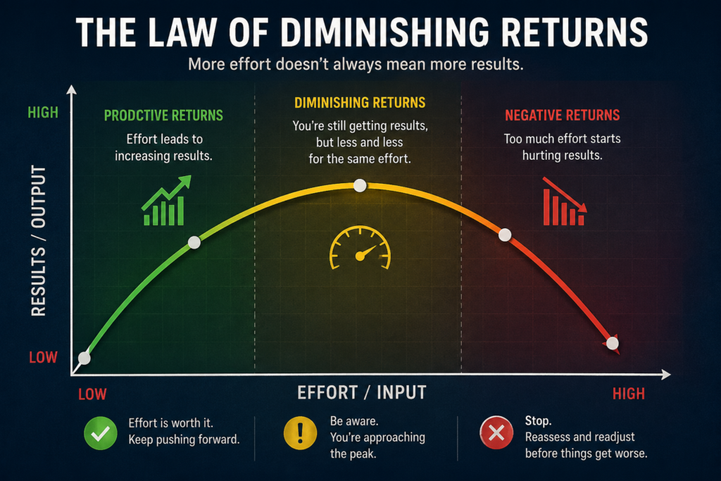 Infographic illustrating the Law of Diminishing Returns, showing how increasing effort initially improves results, then produces smaller gains, and eventually leads to negative outcomes such as burnout and declining performance.