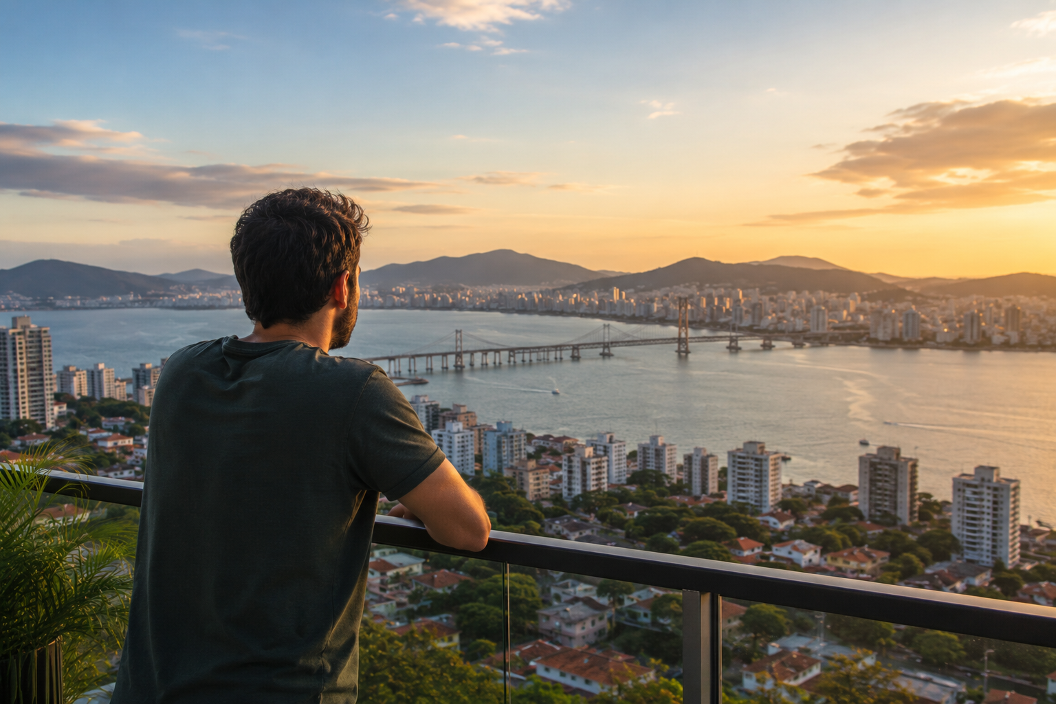 young professional overlooking the Florianópolis skyline at sunset, symbolizing reflection, personal growth, and the opportunities that come from making smart life decisions early