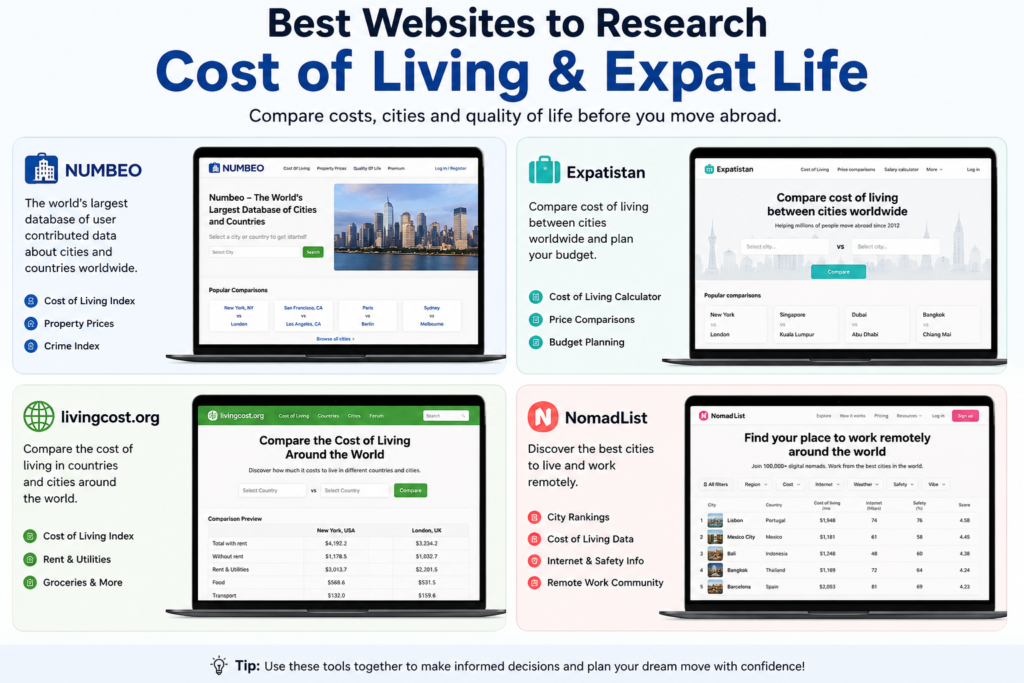Infographic showcasing four websites for researching the cost of living and expat life: Numbeo, Expatistan, Livingcost.org, and NomadList, with laptop screenshots and brief descriptions of each platform