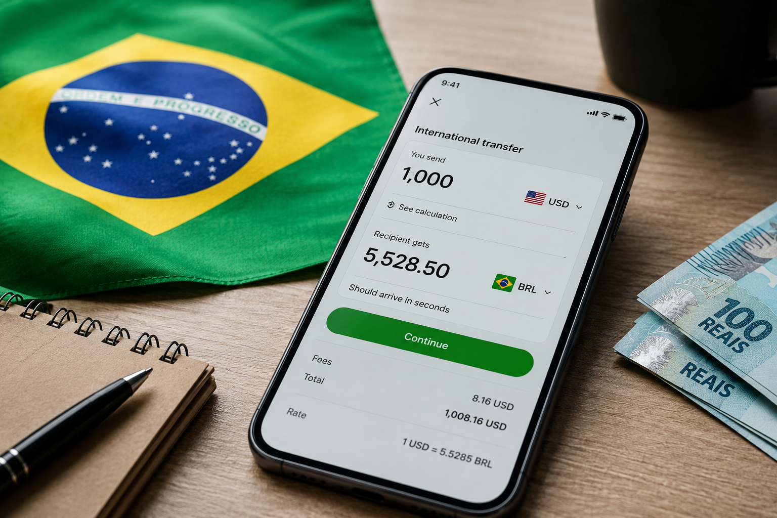 Smartphone showing an international money transfer from USD to Brazilian reais, with a Brazilian flag and reais banknotes on a desk