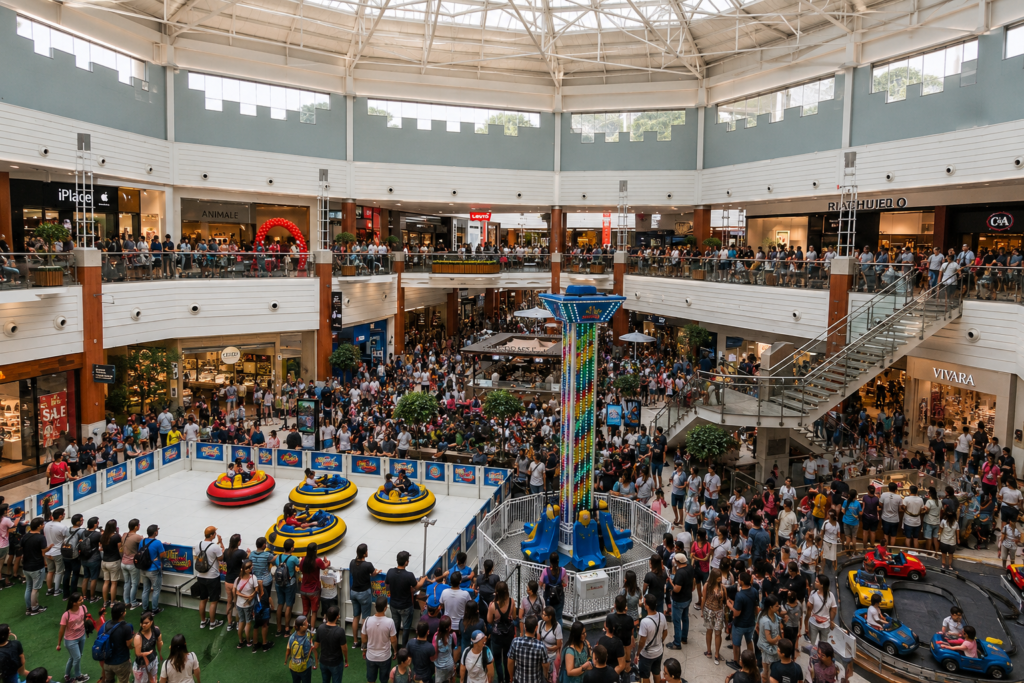 Crowded indoor shopping mall in Florianópolis with shoppers filling multiple levels, shops, escalators, and children’s entertainment areas on a rainy day.