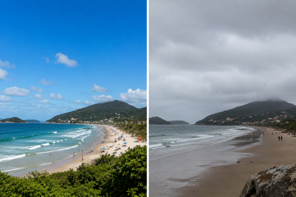 “Florianópolis beach in summer versus winter, showing a sunny blue-sky beach on the left and the same coastal landscape under dark, overcast skies on the right.